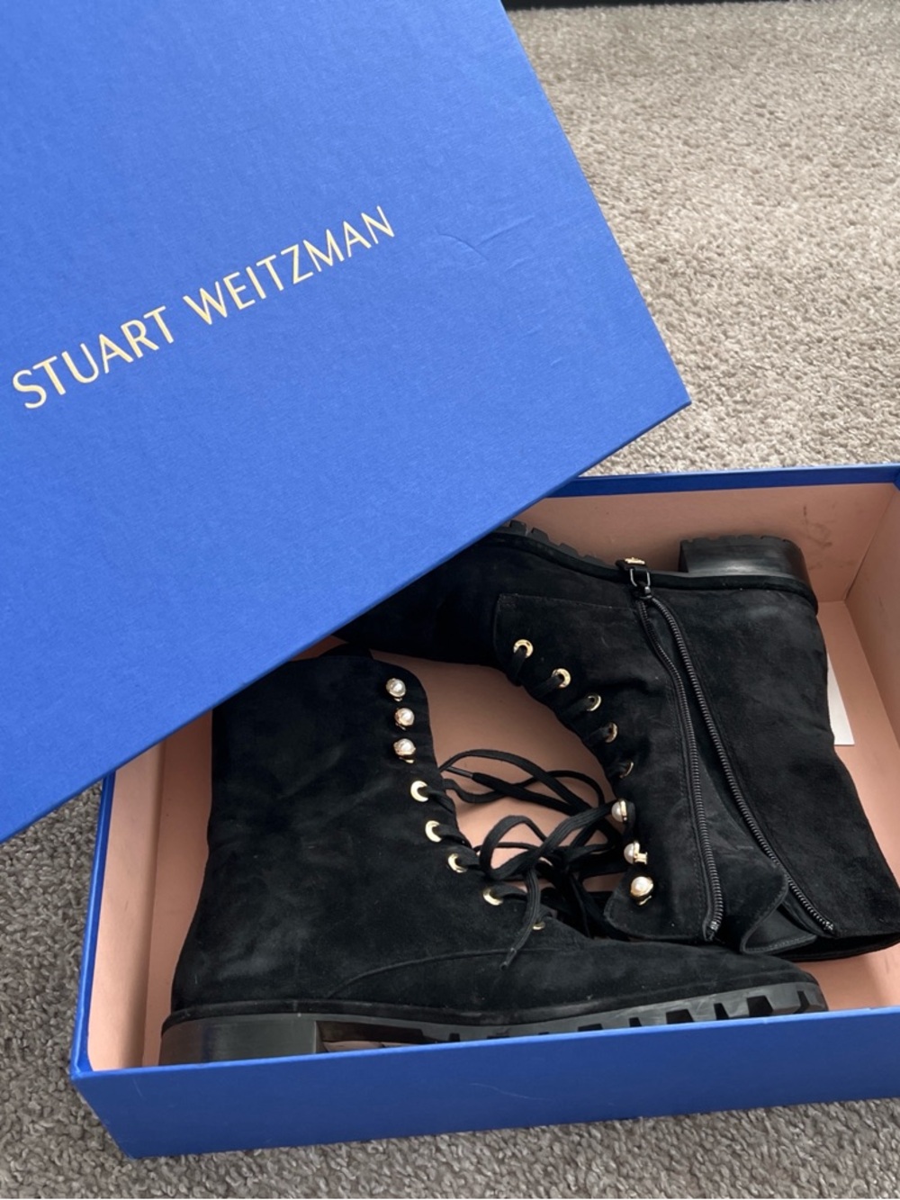 Stuart Weitzman Black Suede Lace-Up Combat Boots with Pearl Accents